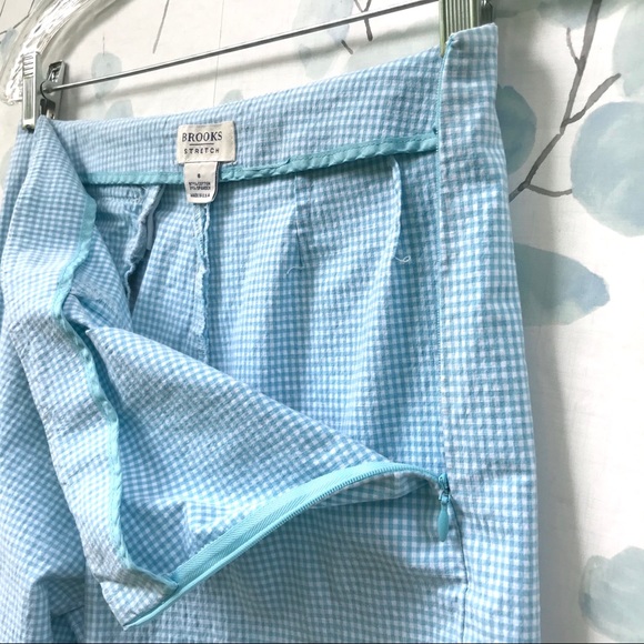 Brooks Stretch Light Blue White Plaid Check Seersucker Cropped Capri Pants - Picture 3 of 11